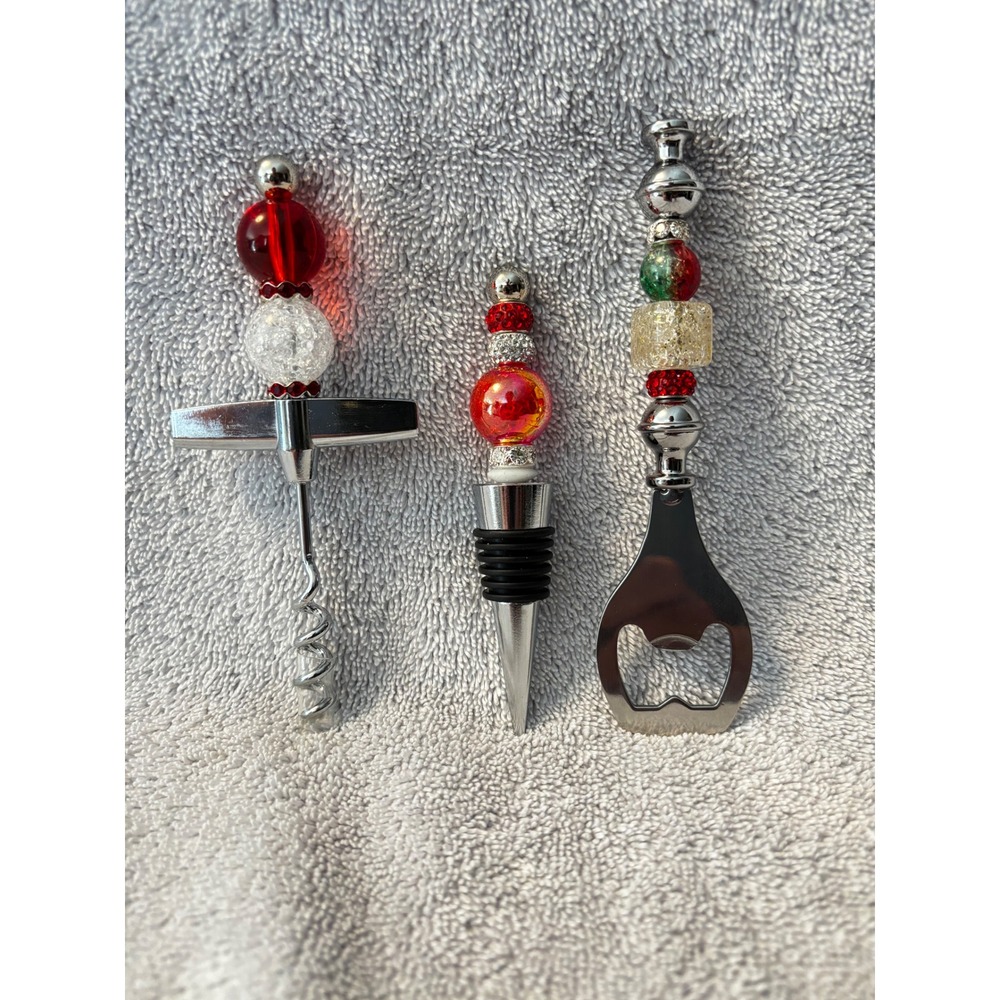 Handmade Beaded Bar Tool Set 3pc Red Silver Holiday Wine Stopper Bottle Opener